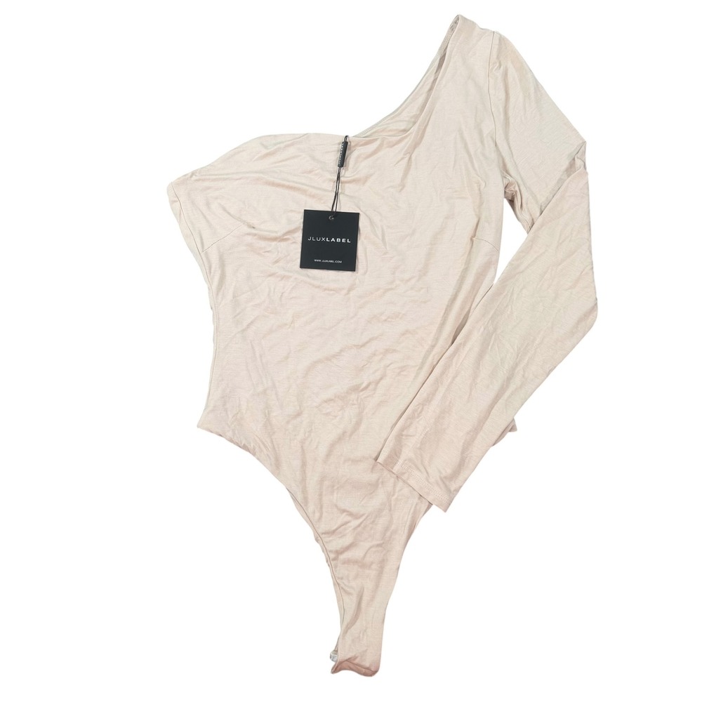 JLUXLABEL Womens One Shoulder Nude Beige Long Sleeve Bodysuit Size L